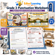 Grade 3 Punctuation Worksheets digital infographic and printable worksheet pack for ages 8 to 9
