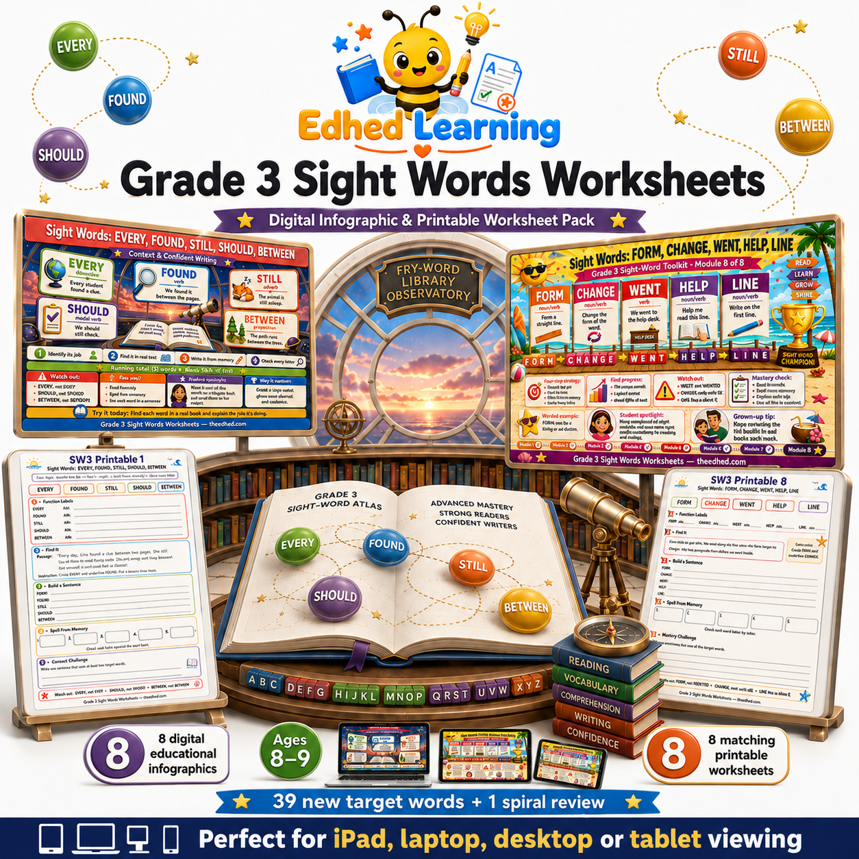 Grade 3 sight words worksheets digital course with 8 infographics and 8 printable worksheets for ages 8 to 9