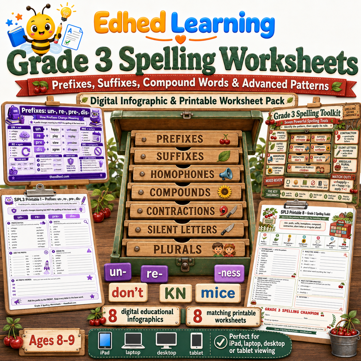 Grade 3 spelling worksheets digital course with 8 infographics and 8 printables