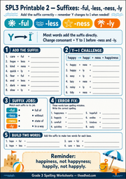 Grade 3 suffixes printable worksheet for ages 8 to 9
