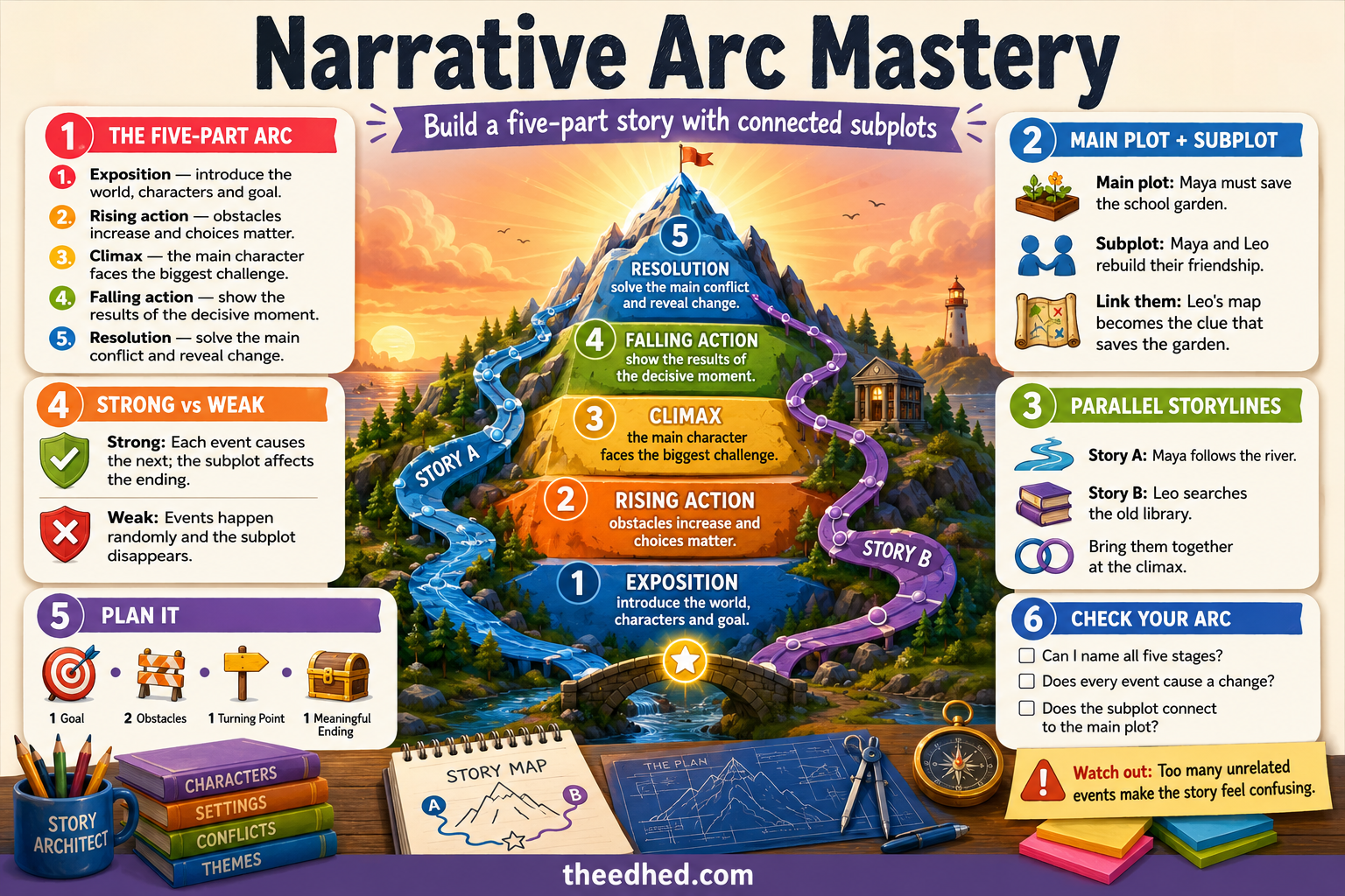 Narrative Arc Mastery Grade 4 creative writing infographic with five-part story structure and subplots