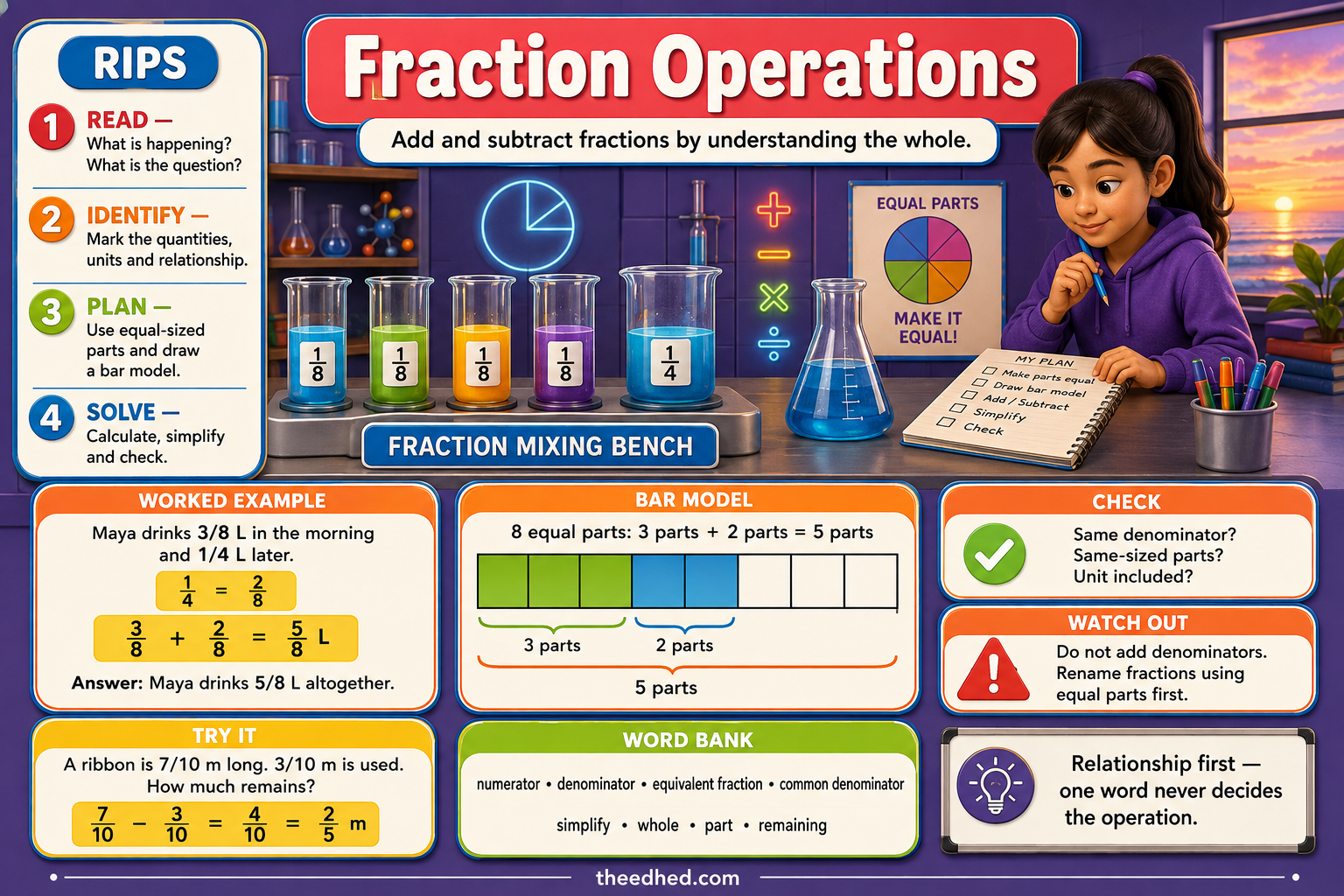 Grade 4 fraction operations word problems educational infographic
