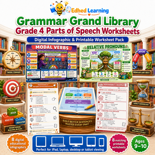 Grade 4 Parts of Speech Worksheets digital course with 8 infographics and 8 A4 printables for ages 9–10