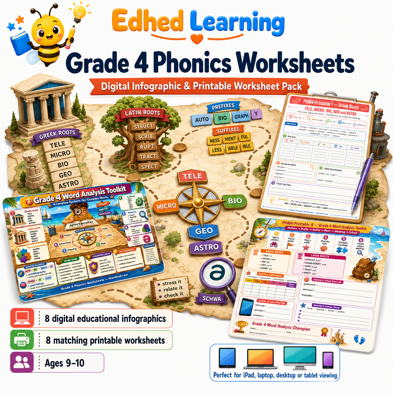 Grade 4 phonics worksheets digital course with 8 infographics and 8 printable worksheets for ages 9 to 10 by Edhed Learning