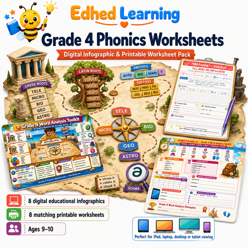 Grade 4 phonics worksheets digital course with 8 infographics and 8 printable worksheets for ages 9 to 10 by Edhed Learning