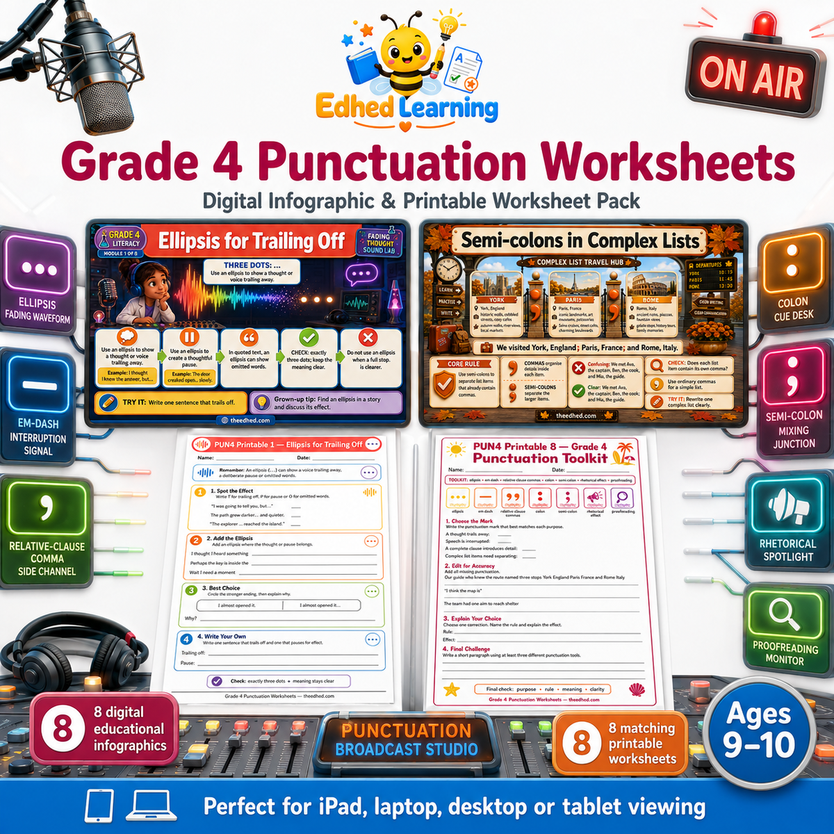 Grade 4 Punctuation Worksheets digital infographic and printable worksheet pack for ages 9 to 10