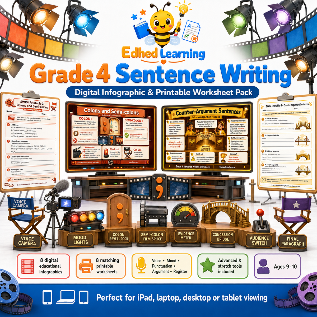 Grade 4 Sentence Writing Worksheets digital course with 8 infographics and 8 A4 printables