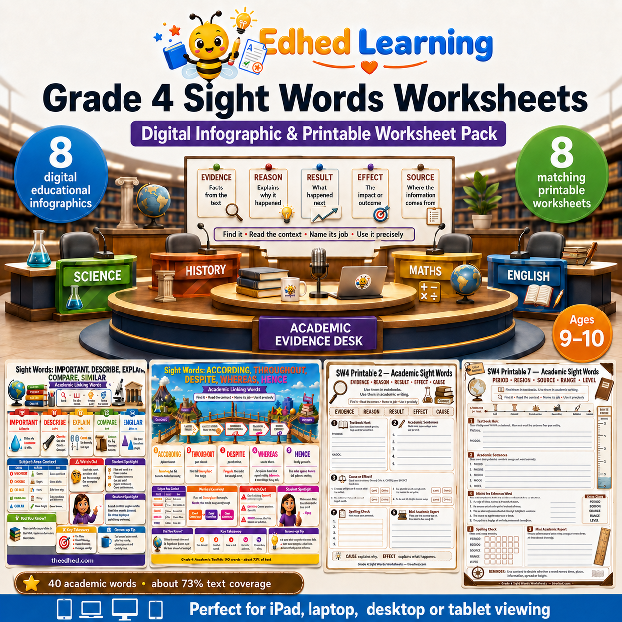 Grade 4 Sight Words Worksheets digital course with 8 infographics and 8 printable worksheets for ages 9 to 10