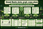 Grade 4 Greek roots infographic covering photo, graph, scope and phone