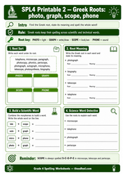 Printable Grade 4 Greek roots worksheet for photo, graph, scope and phone