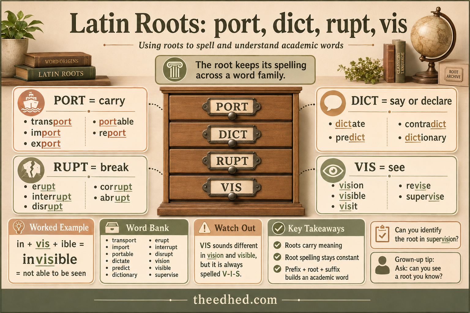Grade 4 Latin roots infographic covering port, dict, rupt and vis