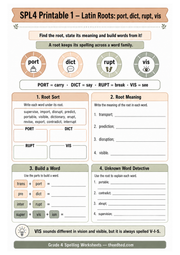 Printable Grade 4 Latin roots worksheet for port, dict, rupt and vis