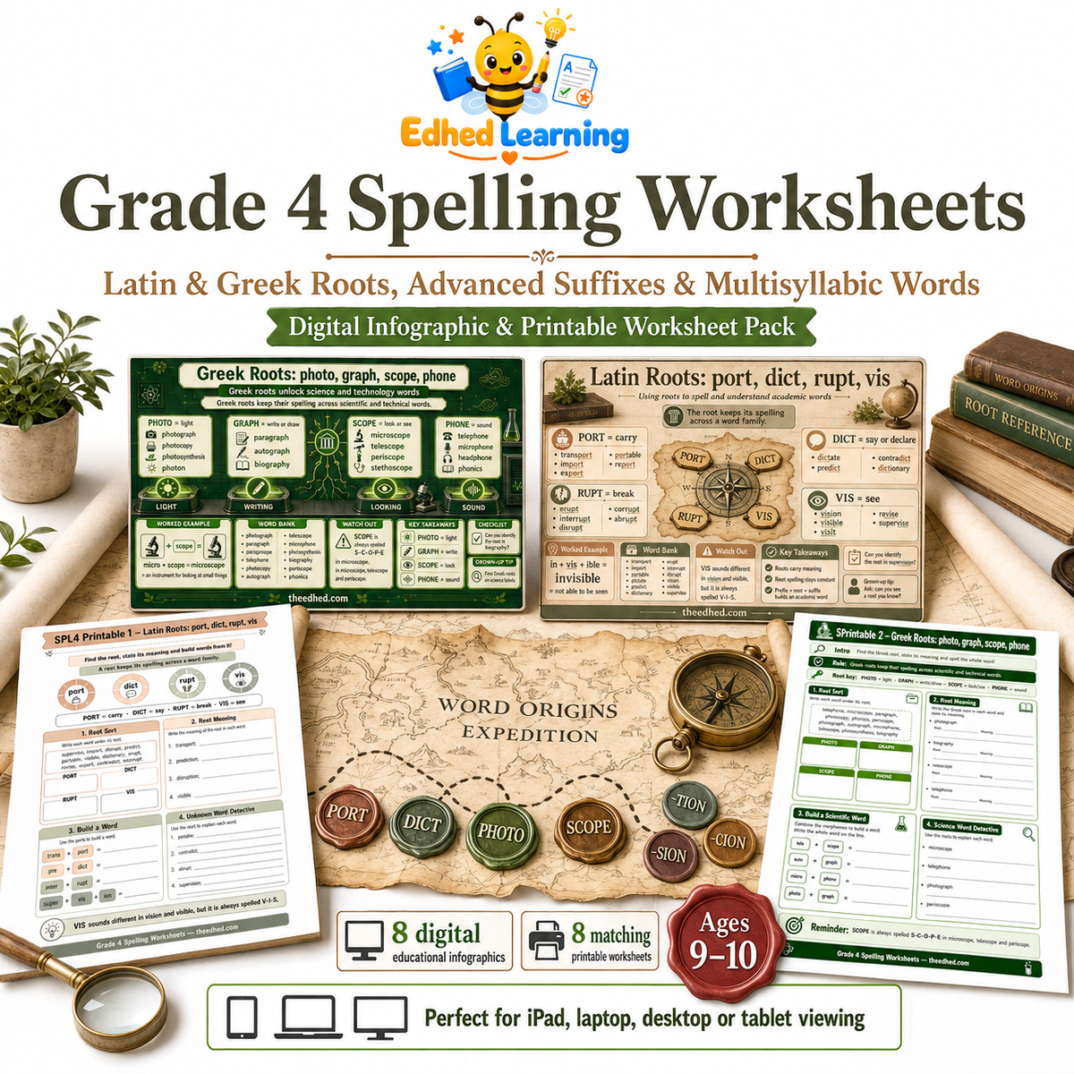Grade 4 spelling worksheets digital course with Latin and Greek roots, suffixes and multisyllabic words