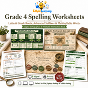 Grade 4 spelling worksheets digital course with Latin and Greek roots, suffixes and multisyllabic words