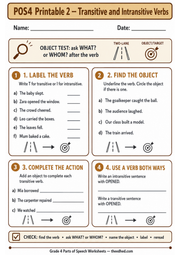 A4 Grade 4 Transitive and Intransitive Verbs printable worksheet with object-test activities