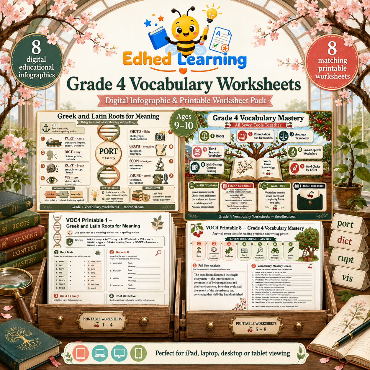 Grade 4 Vocabulary Worksheets digital course with 8 infographics and 8 printable worksheets