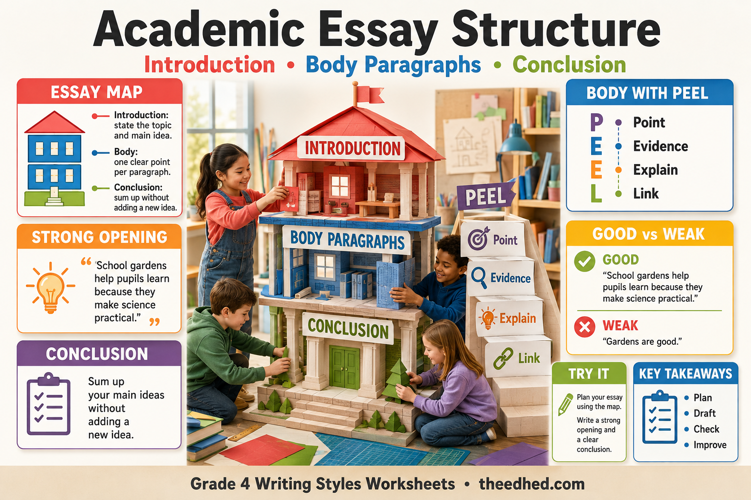 Academic Essay Structure infographic for Grade 4 showing introductions, PEEL body paragraphs and conclusions