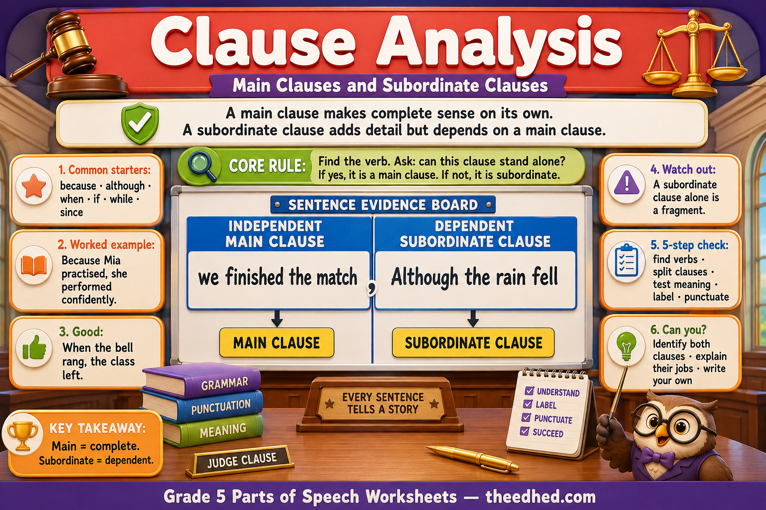 Clause Analysis Grade 5 educational infographic covering main, coordinate and subordinate clauses