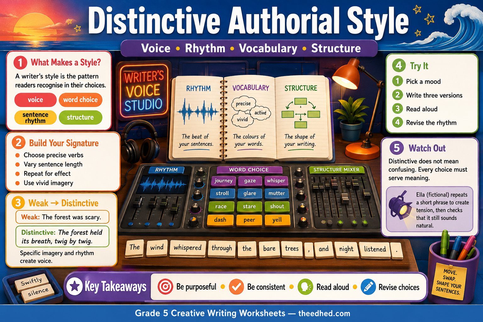 Distinctive authorial style Grade 5 creative writing infographic preview about voice, rhythm, vocabulary and structure