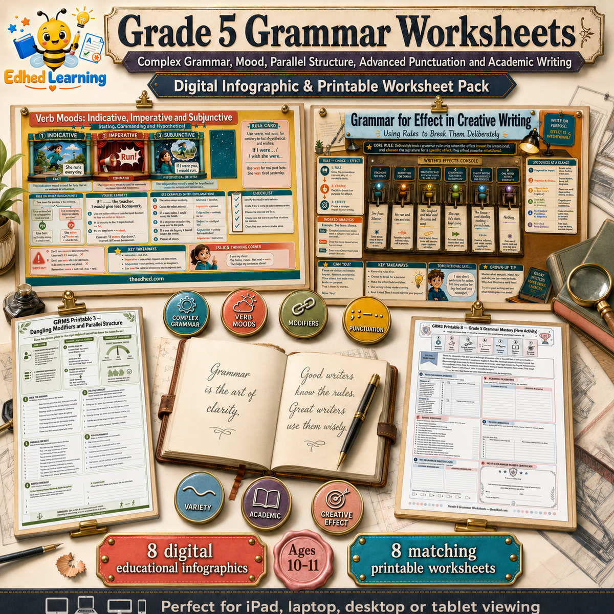 Grade 5 Grammar Worksheets digital course with 8 infographics and 8 printable worksheets