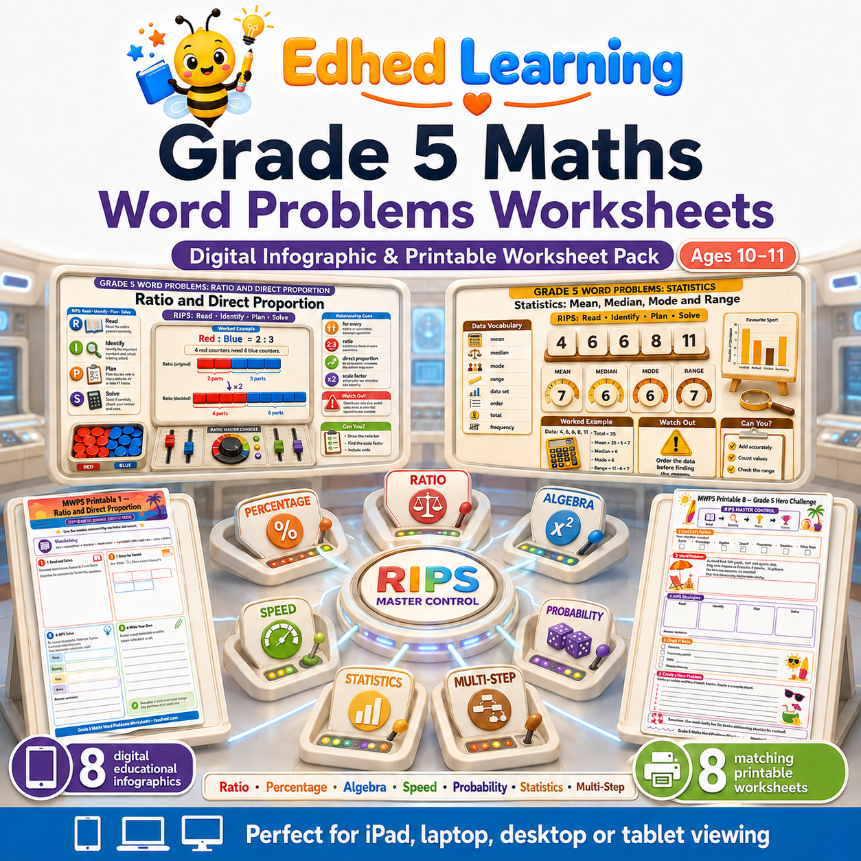 Grade 5 maths word problems digital course with 8 infographics and 8 printable worksheets for ages 10 to 11