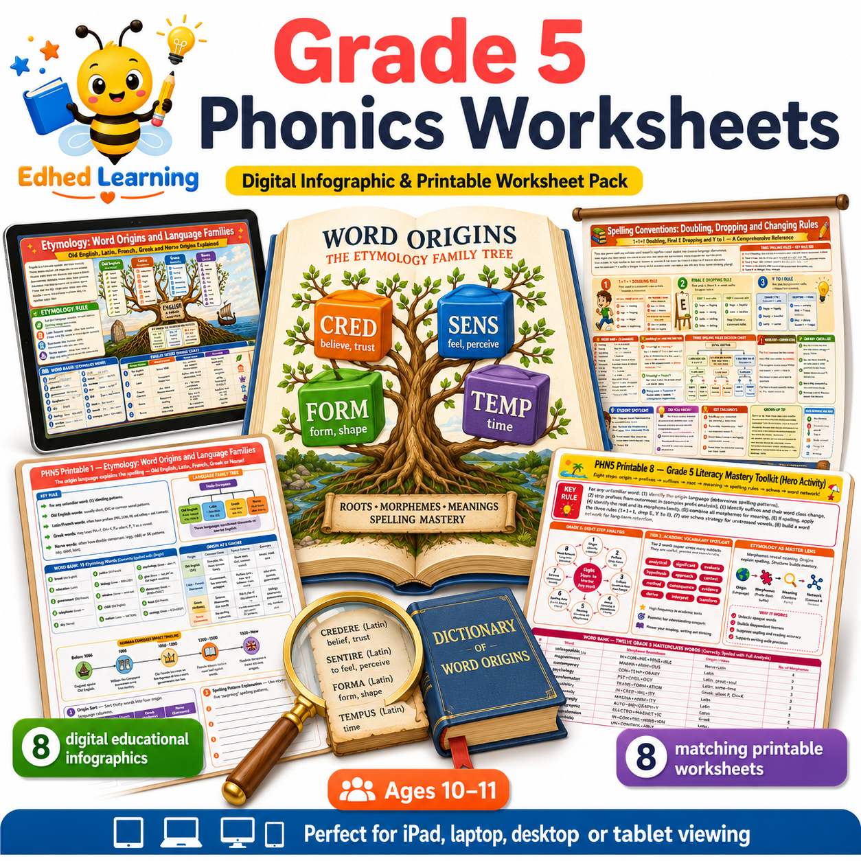 Grade 5 phonics worksheets digital course with 8 infographics and 8 printable worksheets for ages 10 to 11 by Edhed Learning