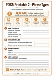 A4 Grade 5 Phrase Types printable worksheet with classification and writing activities