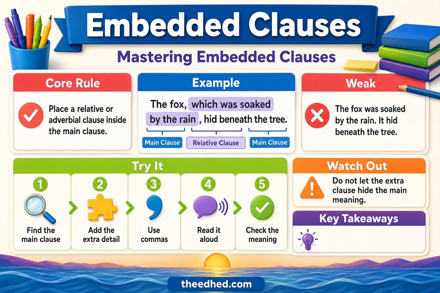Embedded clauses Grade 5 sentence writing infographic