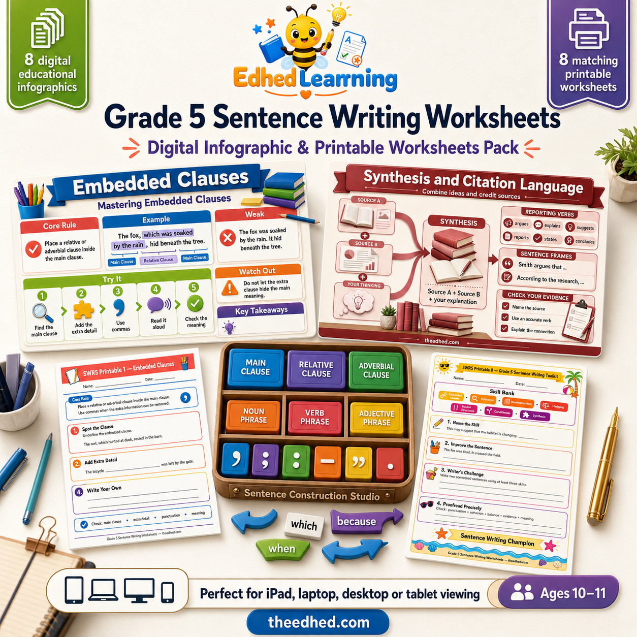 Grade 5 Sentence Writing Worksheets digital course with 8 infographics and 8 A4 printables