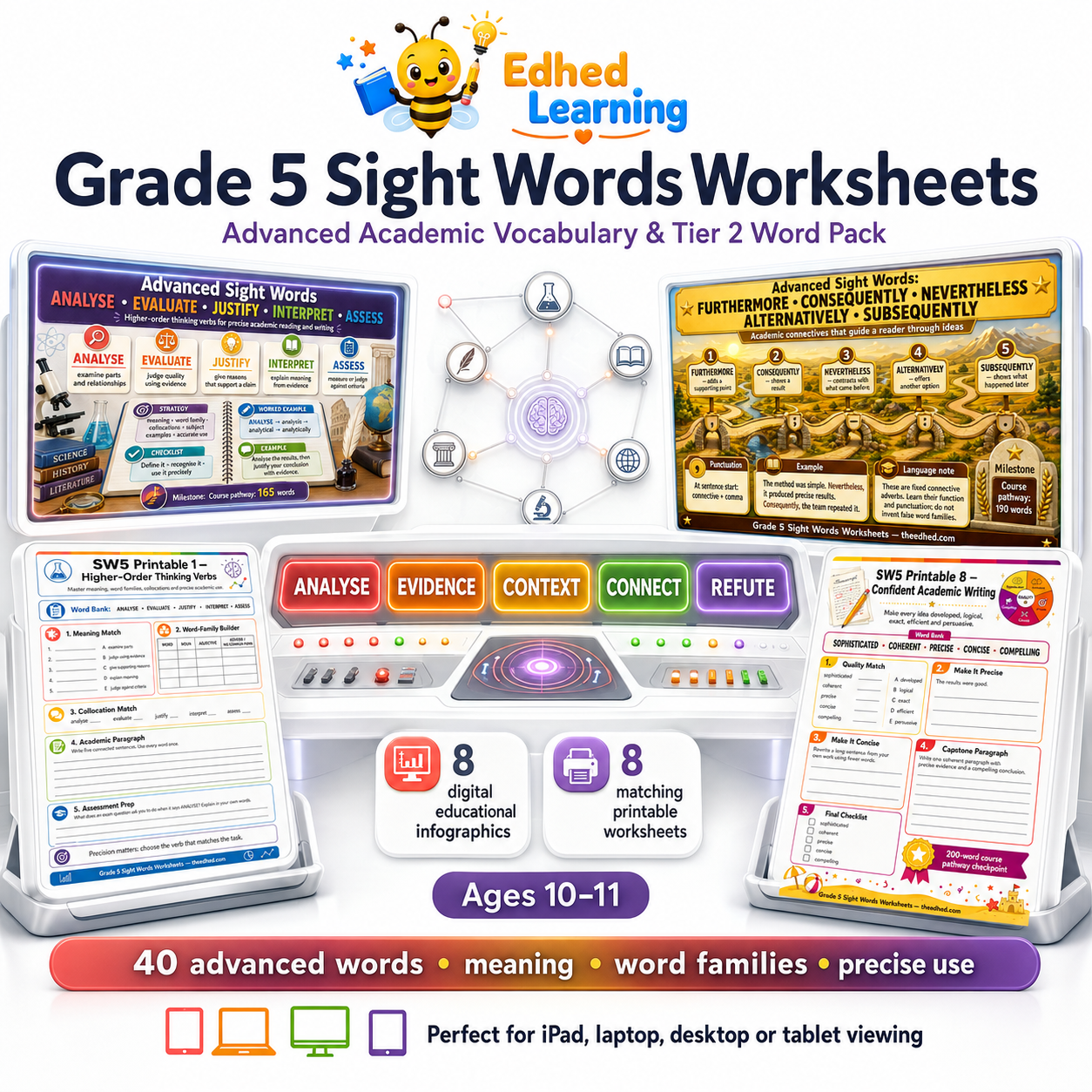 Grade 5 Sight Words Worksheets digital course with 8 infographics and 8 printable worksheets for ages 10–11