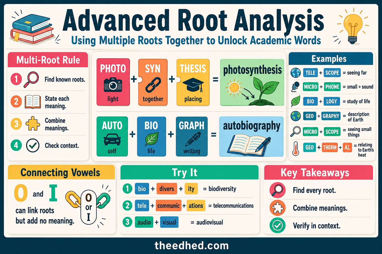 Advanced root analysis infographic teaching multi-root academic word decoding