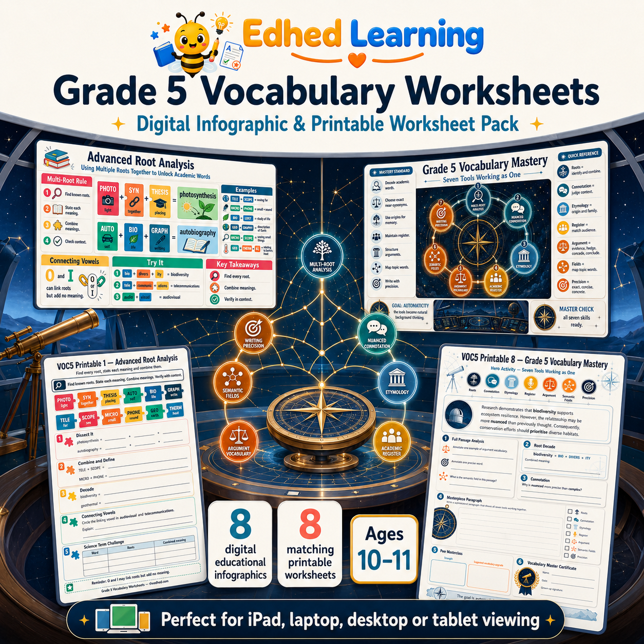 Grade 5 vocabulary worksheets digital course with 8 infographics and 8 printable worksheets for ages 10 to 11