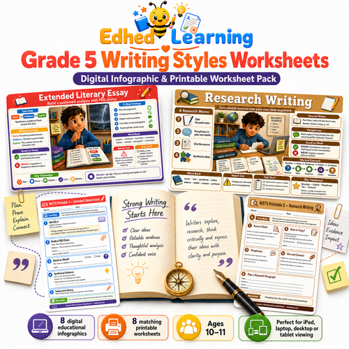 Grade 5 Writing Styles worksheet pack with 8 digital infographics and 8 A4 printable worksheets for ages 10 to 11