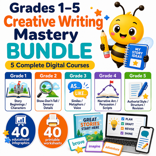 Grades 1–5 Creative Writing Mastery BUNDLE with five digital courses, 40 infographics and 40 worksheets