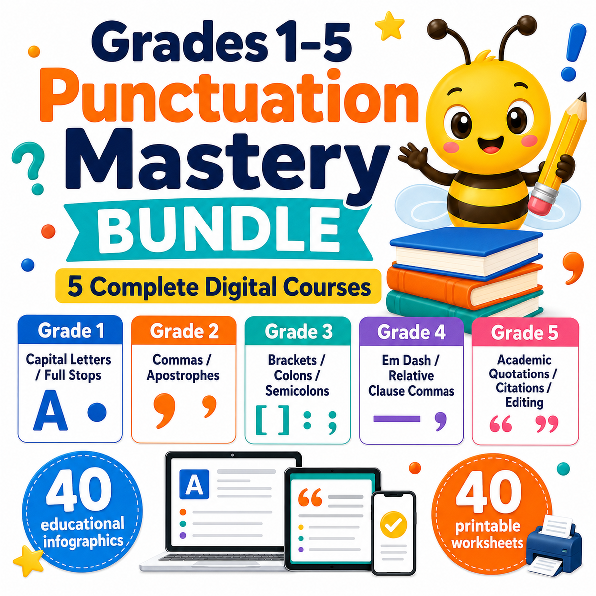 Grades 1–5 Punctuation Mastery BUNDLE with five digital courses, 40 infographics and 40 worksheets