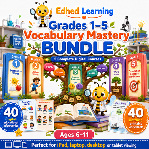 Grades 1–5 Vocabulary Mastery BUNDLE with five digital courses and 80 resources