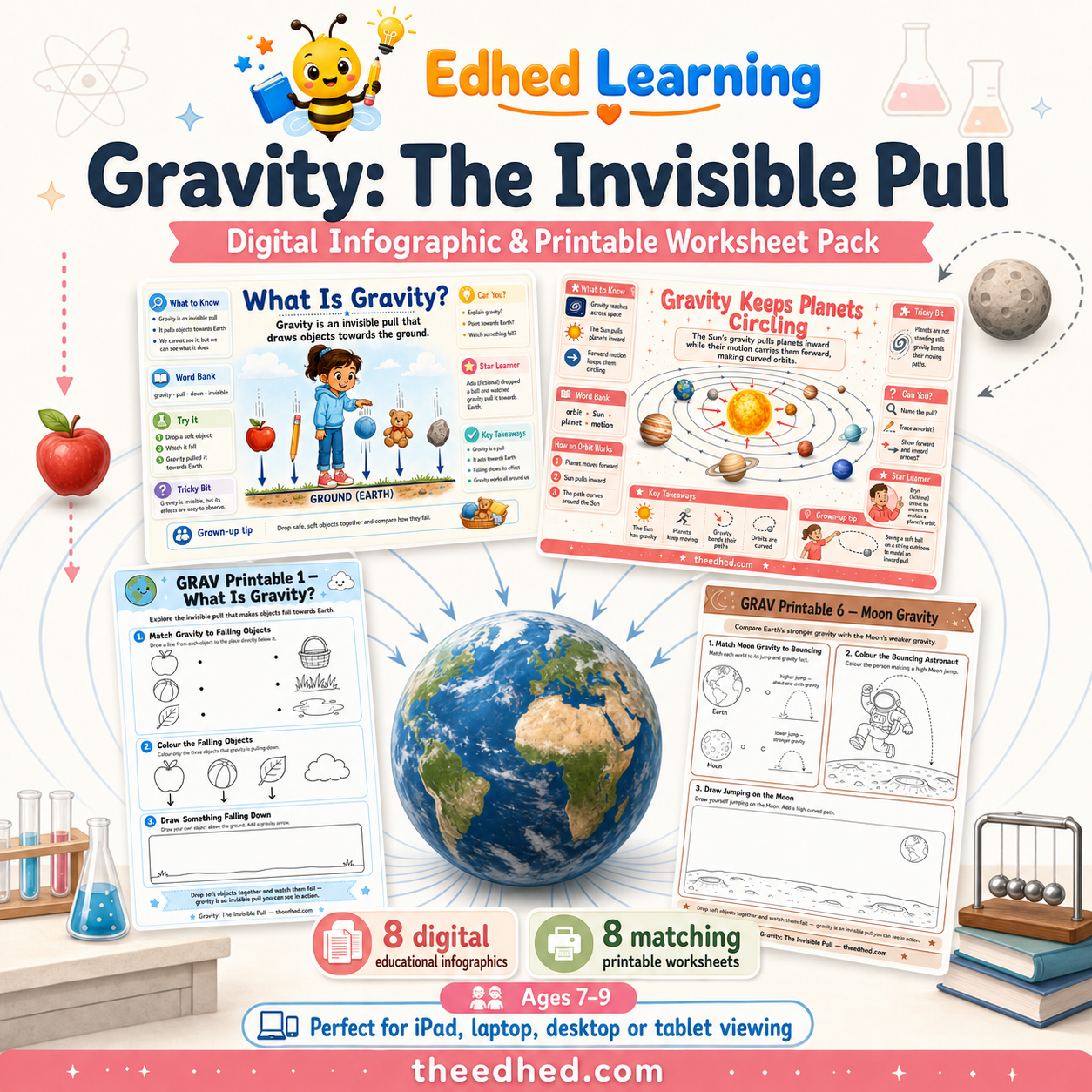 Gravity: The Invisible Pull digital infographic and printable worksheet pack for ages 7–9