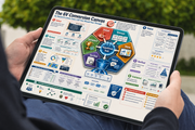 Person holding a tablet displaying 'The 6V Conversion Canvas' with various icons and text.