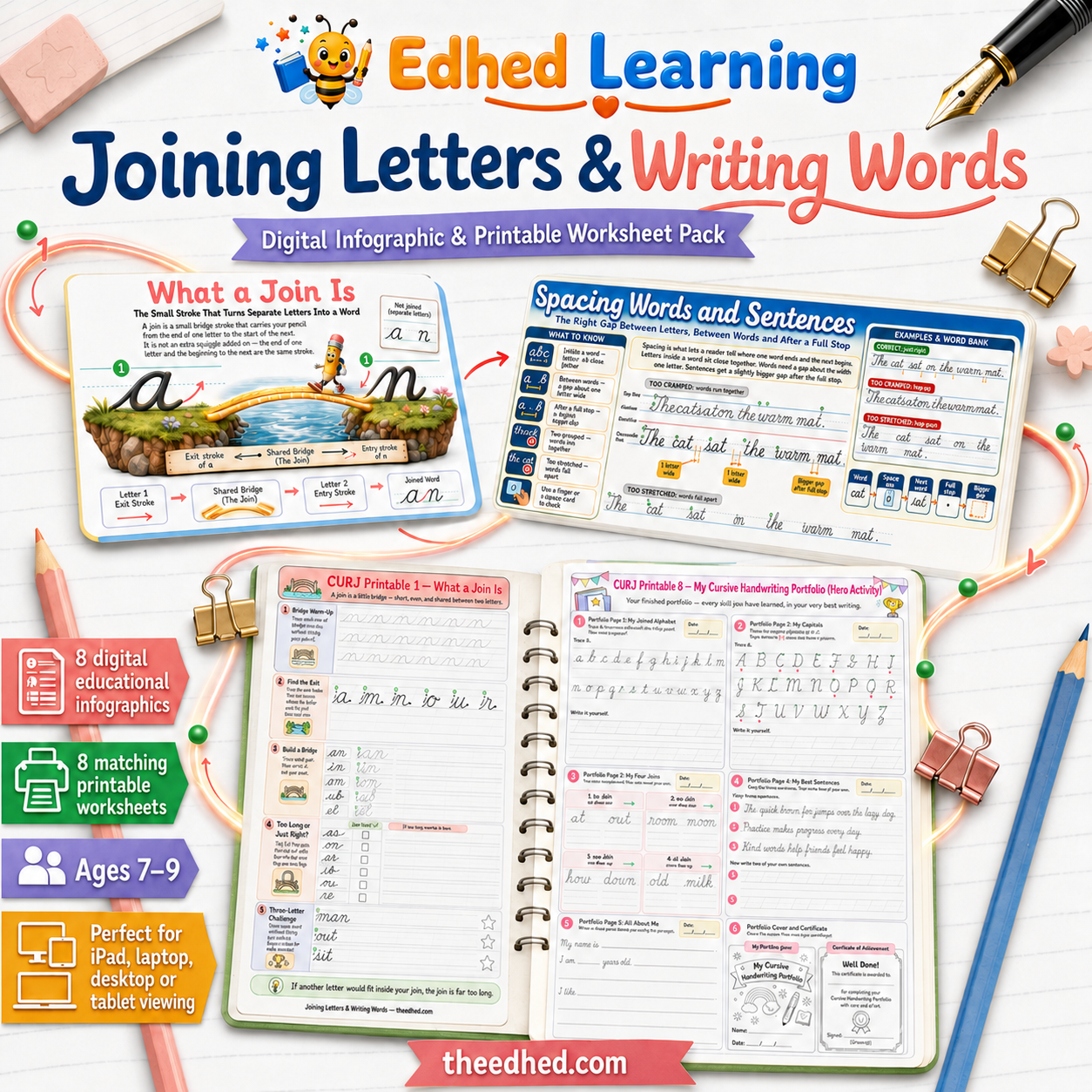 Joining Letters and Writing Words digital course with 8 infographics and 8 printable worksheets for ages 7 to 9