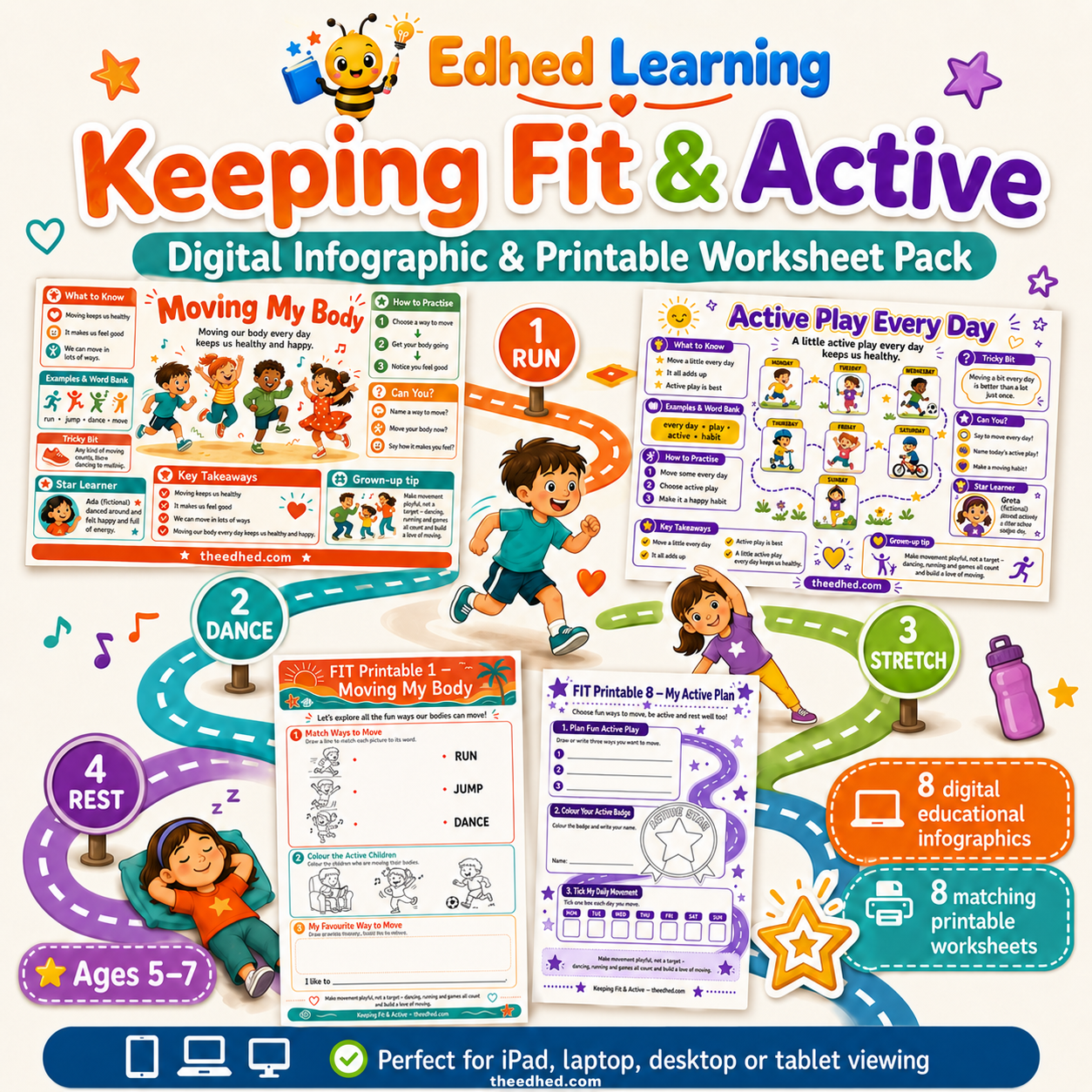Keeping Fit & Active digital infographic and printable worksheet pack for ages 5 to 7