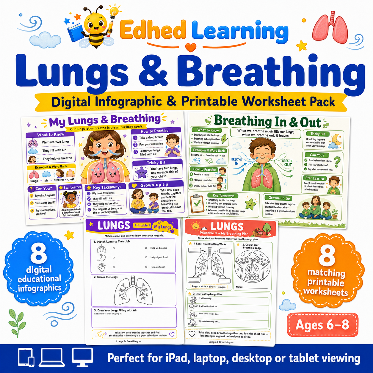 Lungs and Breathing digital infographic and printable worksheet pack for ages 6 to 8