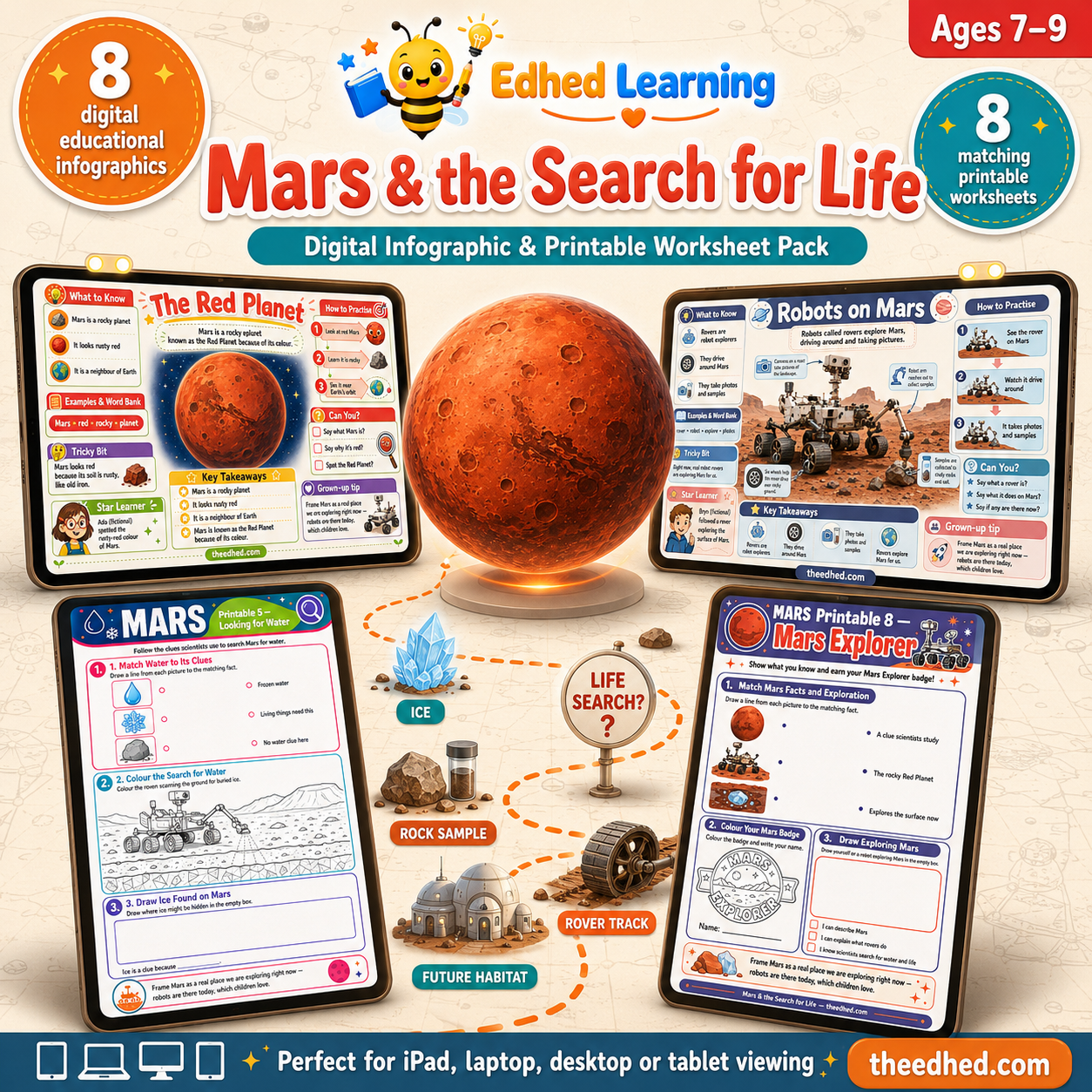 Mars & the Search for Life digital infographic and worksheet pack for ages 7–9