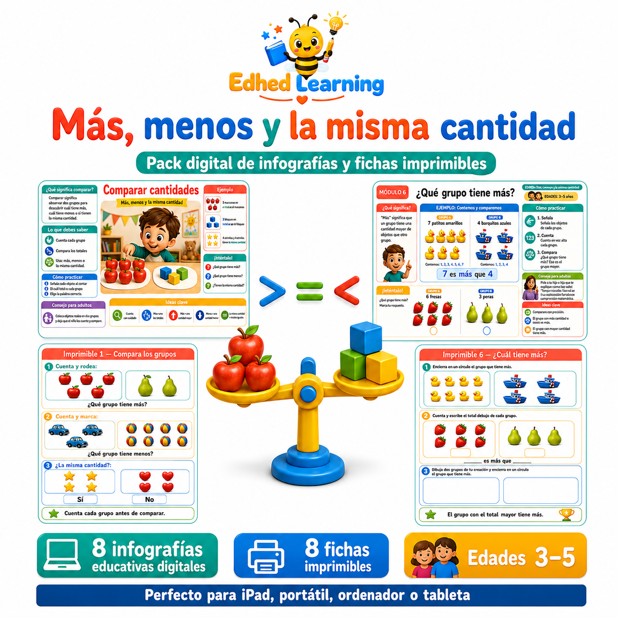 Curso en español Más, menos y la misma cantidad con 8 infografías y 8 fichas para edades 3-5