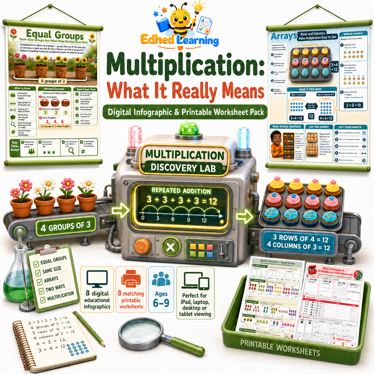 Multiplication: What It Really Means digital infographic and printable worksheet pack for ages 6–9
