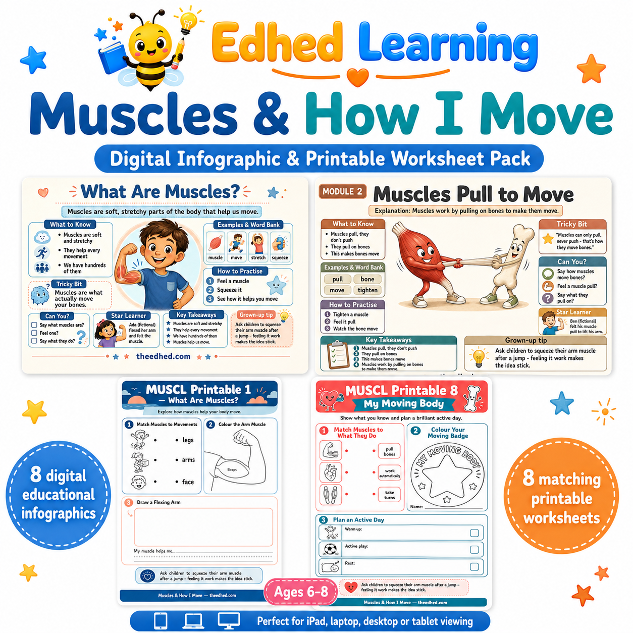 Muscles & How I Move digital infographic and printable worksheet pack for ages 6 to 8