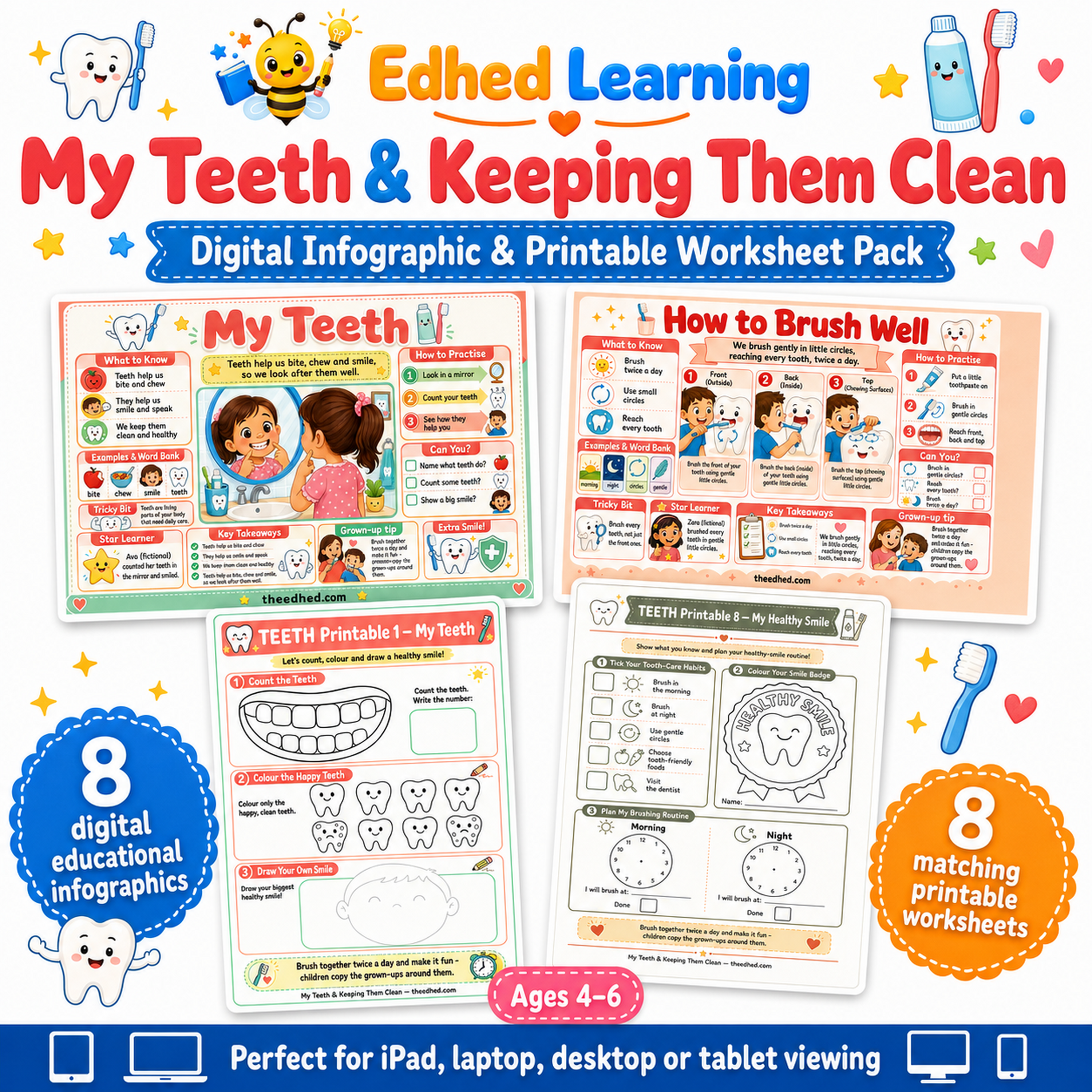 My Teeth and Keeping Them Clean digital infographic and printable worksheet pack for ages 4 to 6