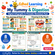 My Tummy & Digestion digital infographic and printable worksheet pack for ages 6–8