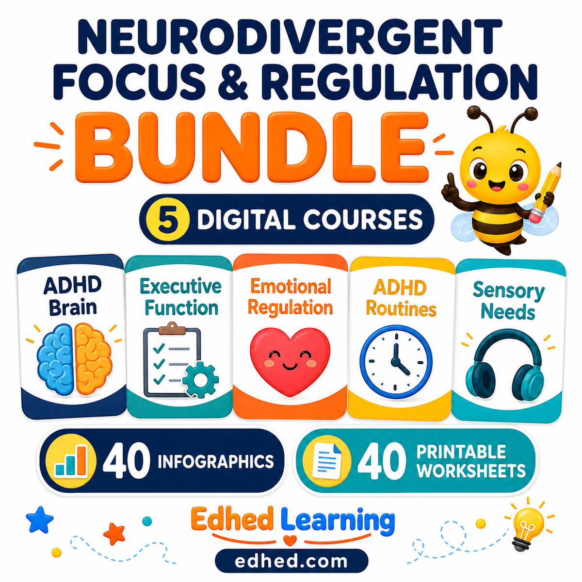 Neurodivergent Focus and Regulation BUNDLE – 5 digital courses, 40 infographics and 40 printable worksheets