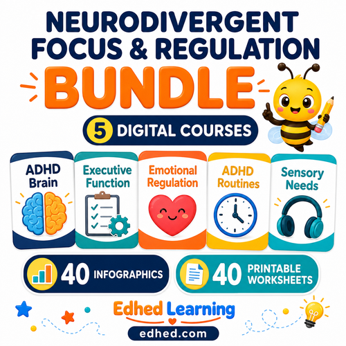 Neurodivergent Focus and Regulation BUNDLE – 5 digital courses, 40 infographics and 40 printable worksheets