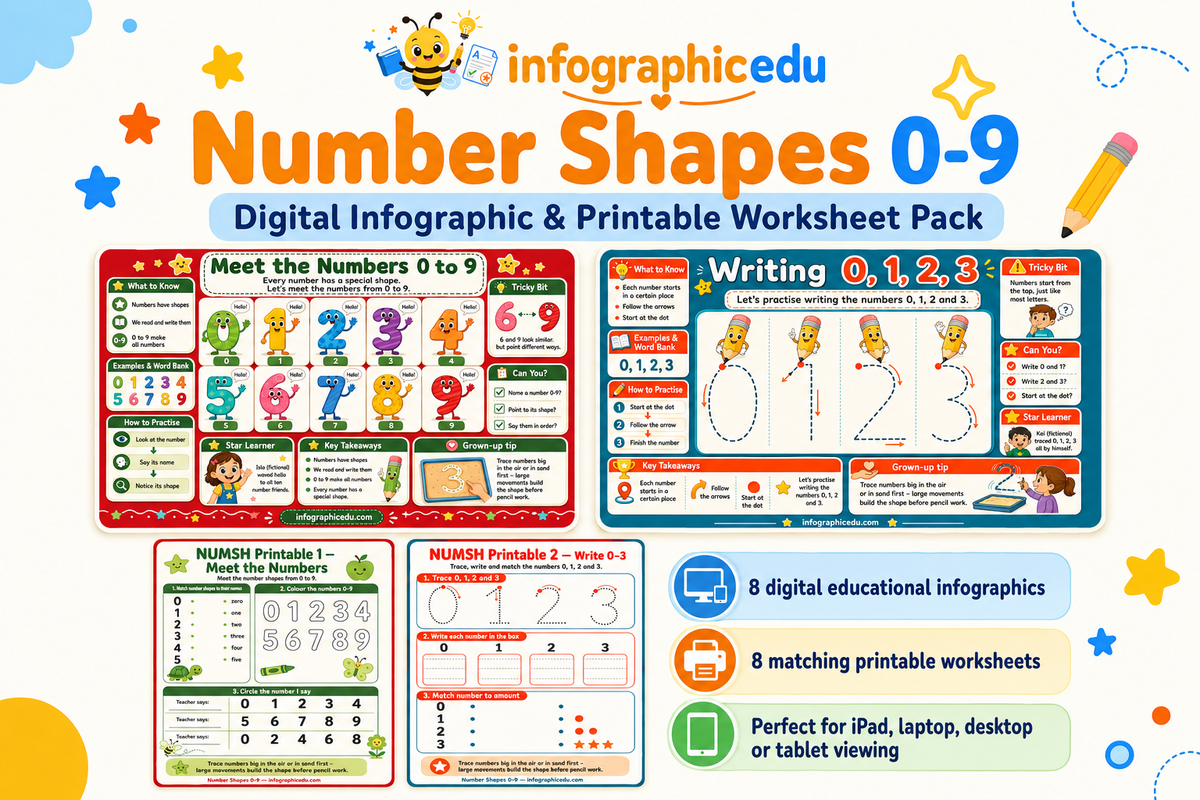 Number Shapes 0-9 digital infographic and printable worksheet pack